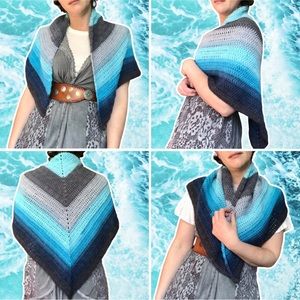 Hand Crocheted Caribbean Island Ocean Ombre Stripe Triangle Shawl